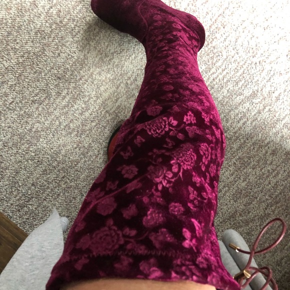 Burgundy Over The Knee Velvet Boots - Picture 5 of 7